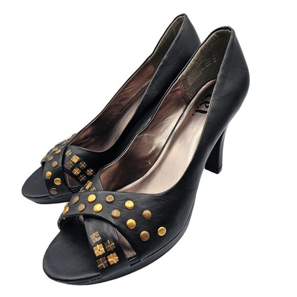 LEI Stash Womens Sz 11 Peep Toe Career Heels Black Gold Studded - Picture 1 of 6